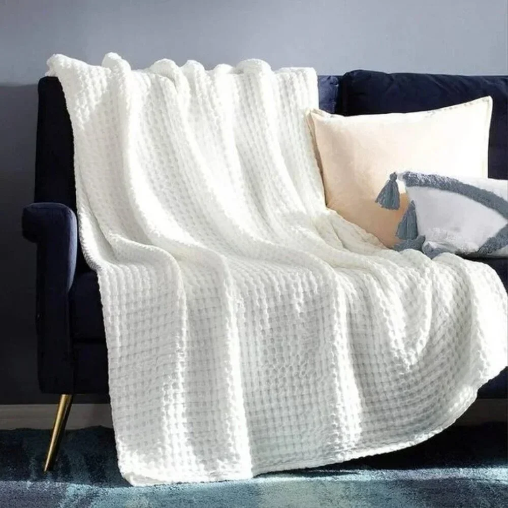 COTTON Waffle Weave Bamboo Blanket Queen Size Cream Soft Lightweight Bed Blanket